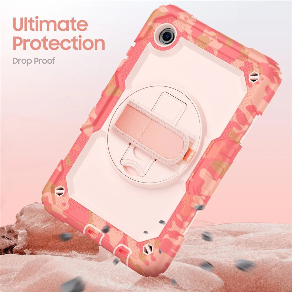 For Samsung Galaxy Tab A11 / A9 Case Camo Printing PC + Silicone Tablet Cover with PET Film / Shoulder Strap - Pink - 7