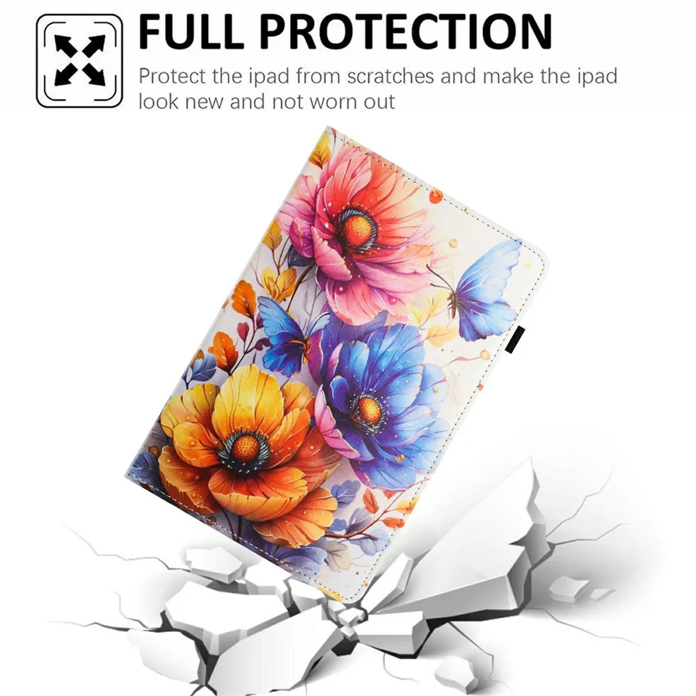 Litchi Grain Painting Leather Case for iPad (2025)  /  iPad 10.9 (2022) Card Slot Tablet Cover with Auto Wake  /  Sleep - Flower - 5
