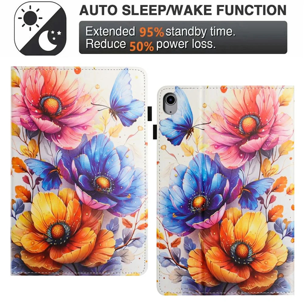 Litchi Grain Painting Leather Case for iPad (2025)  /  iPad 10.9 (2022) Card Slot Tablet Cover with Auto Wake  /  Sleep - Flower - 6