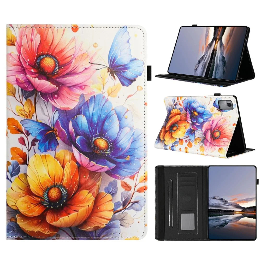 Litchi Grain Painting Leather Case for Lenovo Tab M9 TB-310FU Card Slot Tablet Cover with Auto Wake  /  Sleep - Flower - 1