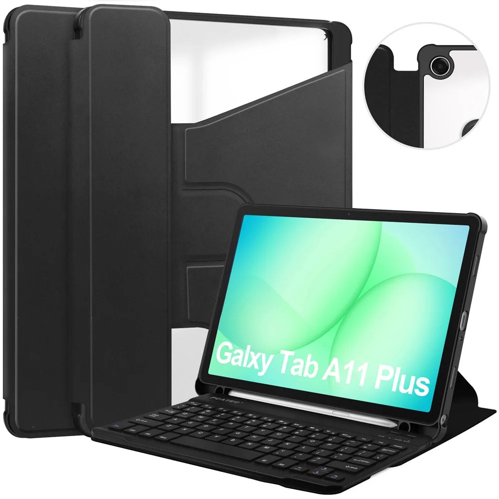 For Samsung Galaxy Tab A11+ Case 360° Rotary Stand PU Leather+Acrylic Tablet Cover (With Keyboard) - Black - 1