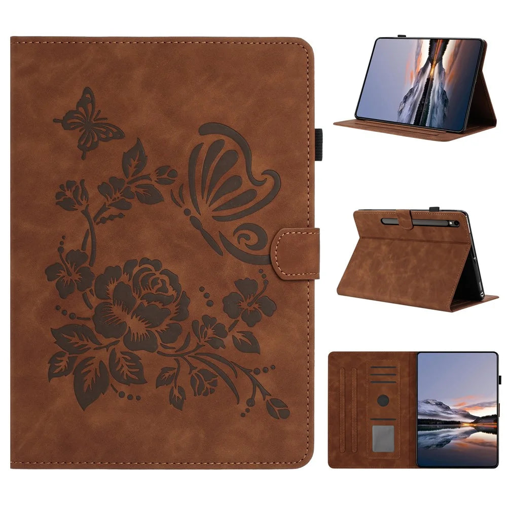 Tablet Case For Samsung Galaxy Tab S10 Lite / S10 FE / S9 FE / S9 Card Holder Stand Butterfly Floral Imprinted Leather Cover - Brown - 1