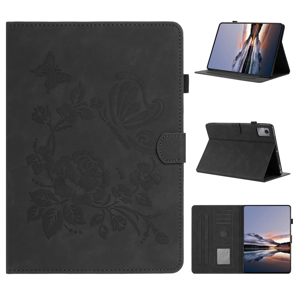 For Lenovo Tab M11 / Xiaoxin Pad 11 2024 Case Card Holder Stand Butterfly Floral Imprinted Leather Tablet Cover - Black - 1