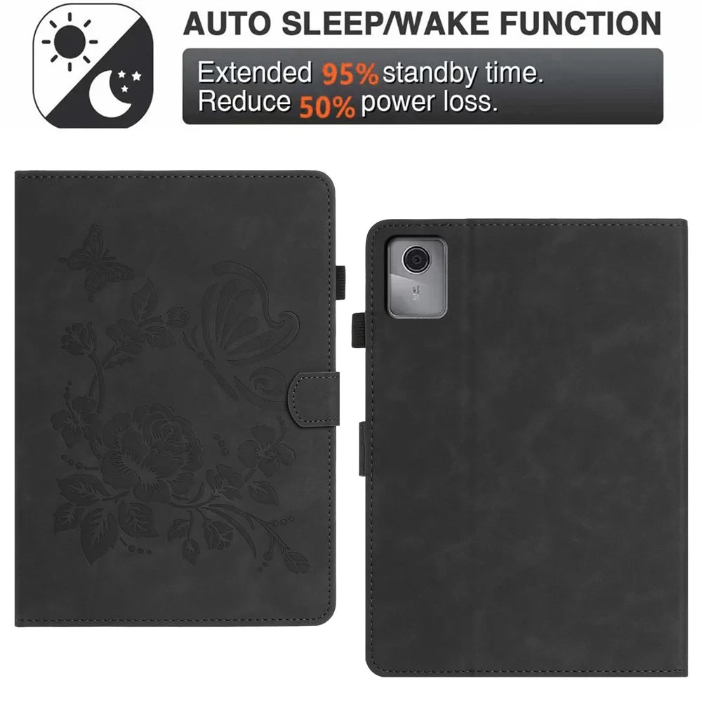 For Lenovo Xiaoxin Pad 12.1 (2025) Case Card Holder Stand Butterfly Floral Imprinted Leather Tablet Cover - Black - 5
