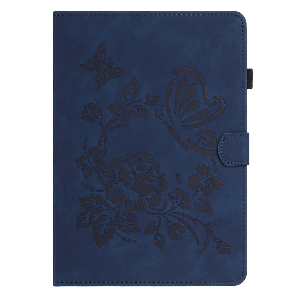 For Amazon Kindle 11th (2024) / 6" (2022) Case Card Holder Stand Butterfly Floral Imprinted Leather Tablet Cover - Blue - 7