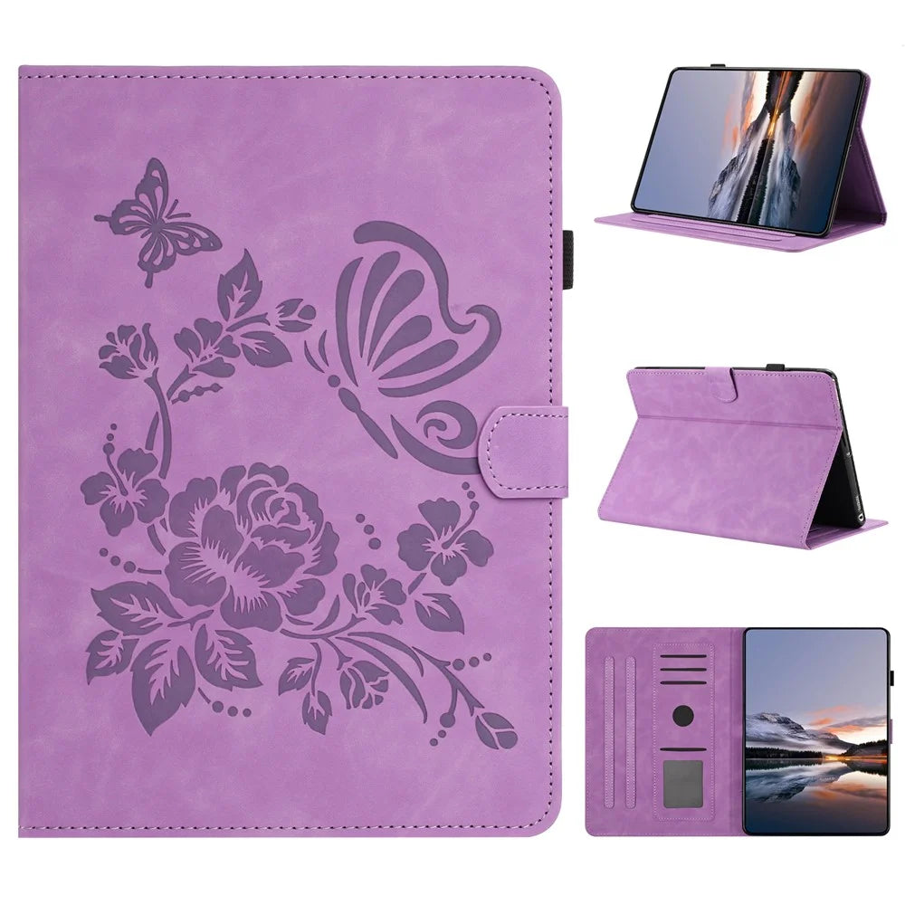 For Amazon Kindle Paperwhite (2024) Case Card Holder Stand Butterfly Floral Imprinted Leather Tablet Cover - Light Purple - 1