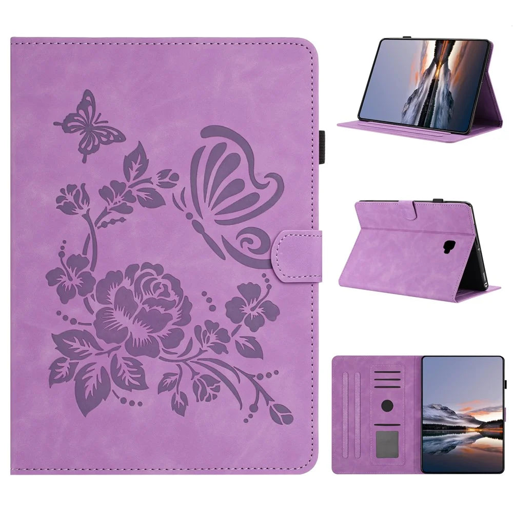 For Samsung Galaxy Tab A 10.1 (2016) Case Card Holder Stand Butterfly Floral Imprinted Leather Tablet Cover - Light Purple - 1