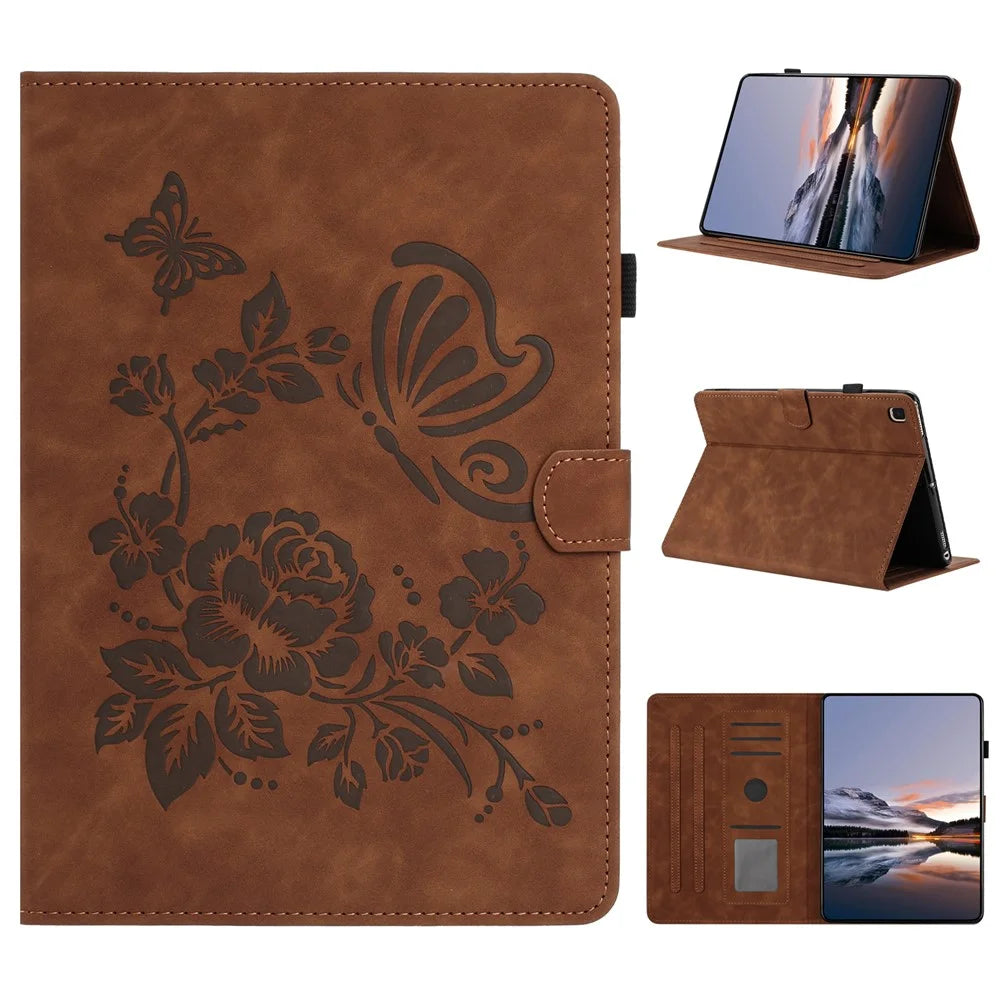 For Samsung Galaxy Tab S5e SM-T725 / SM-T720 Case Card Holder Stand Butterfly Floral Imprinted Leather Tablet Cover - Brown - 1