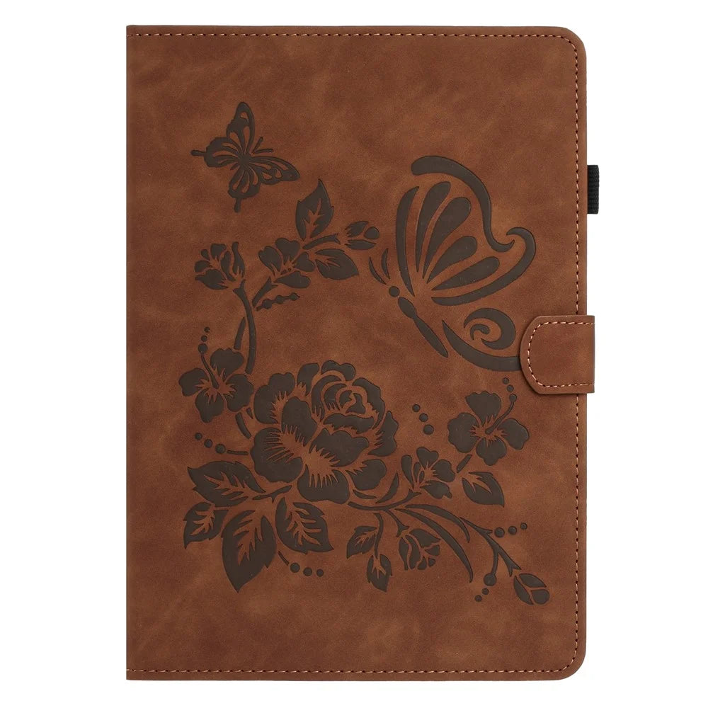 For Samsung Galaxy Tab S10 FE+ Case Card Holder Stand Butterfly Floral Imprinted Leather Tablet Cover - Brown - 7