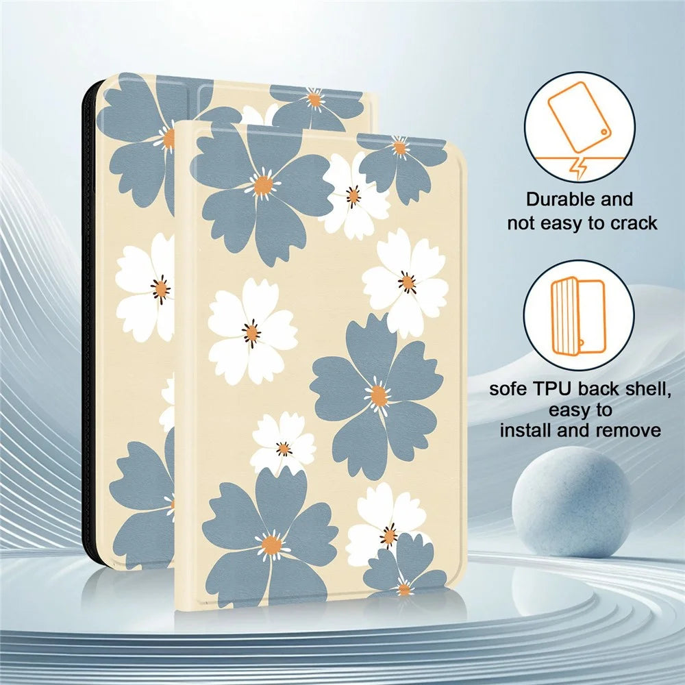 For Samsung Galaxy Tab S10 FE+ PU Leather Case Pattern Print Tablet Cover Stand with Pen Slot (Stylus Not Included)  - Blue Daisies - 7