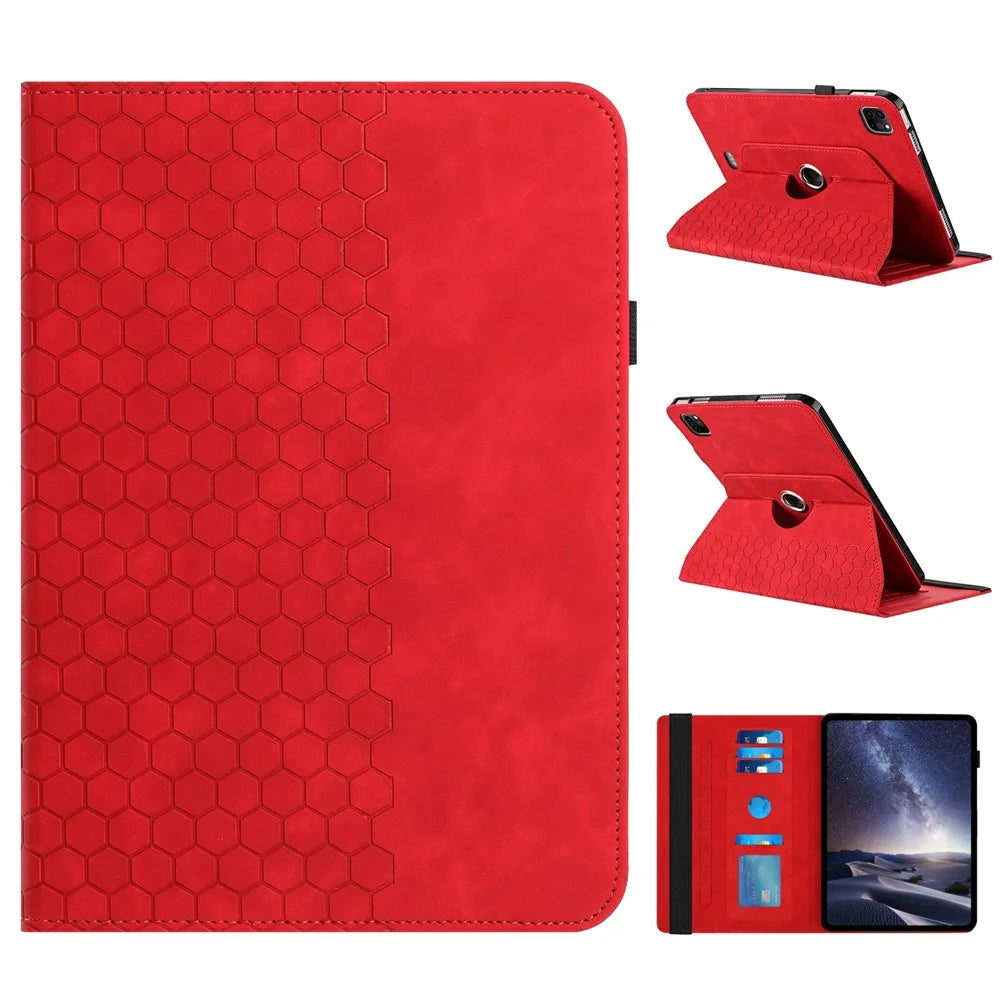 Leather Case For iPad Air (2022)  /  (2020)  /  Pro 11 (2020) Rotatable Honeycomb Imprinted Shockproof Tablet Cover with Stand  - Red - 1