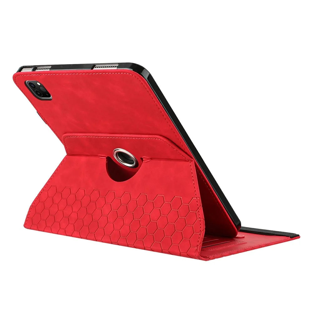 Leather Case For iPad Air (2022)  /  (2020)  /  Pro 11 (2020) Rotatable Honeycomb Imprinted Shockproof Tablet Cover with Stand  - Red - 3