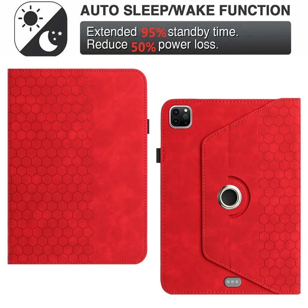 Leather Case For iPad Air (2022)  /  (2020)  /  Pro 11 (2020) Rotatable Honeycomb Imprinted Shockproof Tablet Cover with Stand  - Red - 7