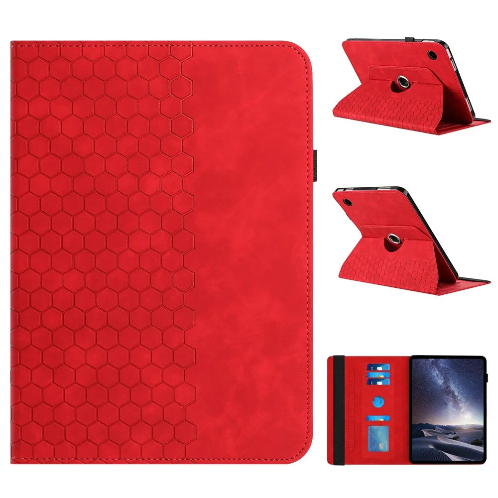 For Samsung Galaxy Tab A9 Leather Case Rotatable Honeycomb Imprinted Shockproof Tablet Cover with Stand  - Red - 1