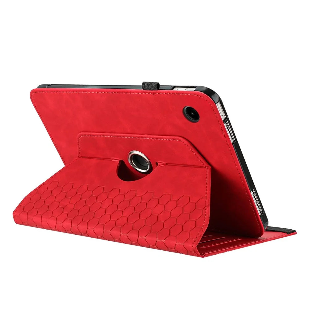 For Samsung Galaxy Tab A9 Leather Case Rotatable Honeycomb Imprinted Shockproof Tablet Cover with Stand  - Red - 2