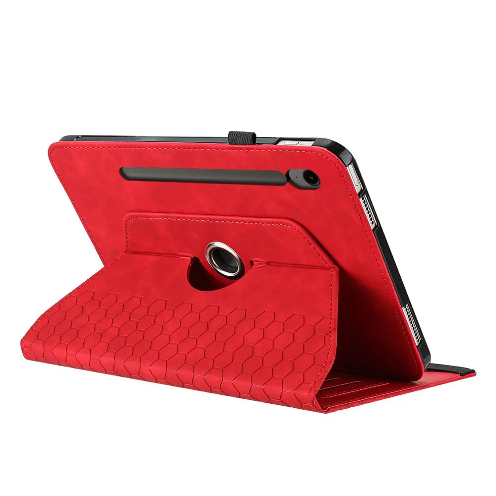 Leather Case For Samsung	Galaxy Tab S9 FE  /  S9 Rotatable Honeycomb Imprinted Shockproof Tablet Cover with Stand  - Red - 2