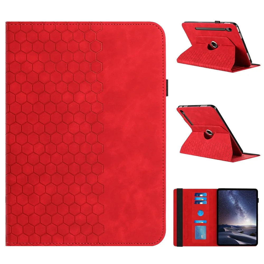 Leather Case For Samsung Galaxy Tab S10 FE+  /  S10 FE Rotatable Honeycomb Imprinted Shockproof Tablet Cover with Stand - Red - 1