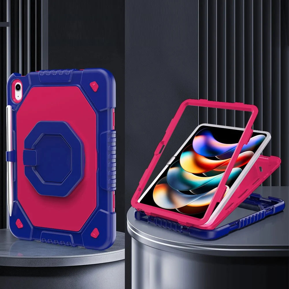 For iPad (2025)  /  10.9 (2022) Case Hand Grip Kickstand Shockproof Silicone + PC Tablet Cover with Detachable Strap  /  Pen Slot - Rose  /  Navy Blue - 2