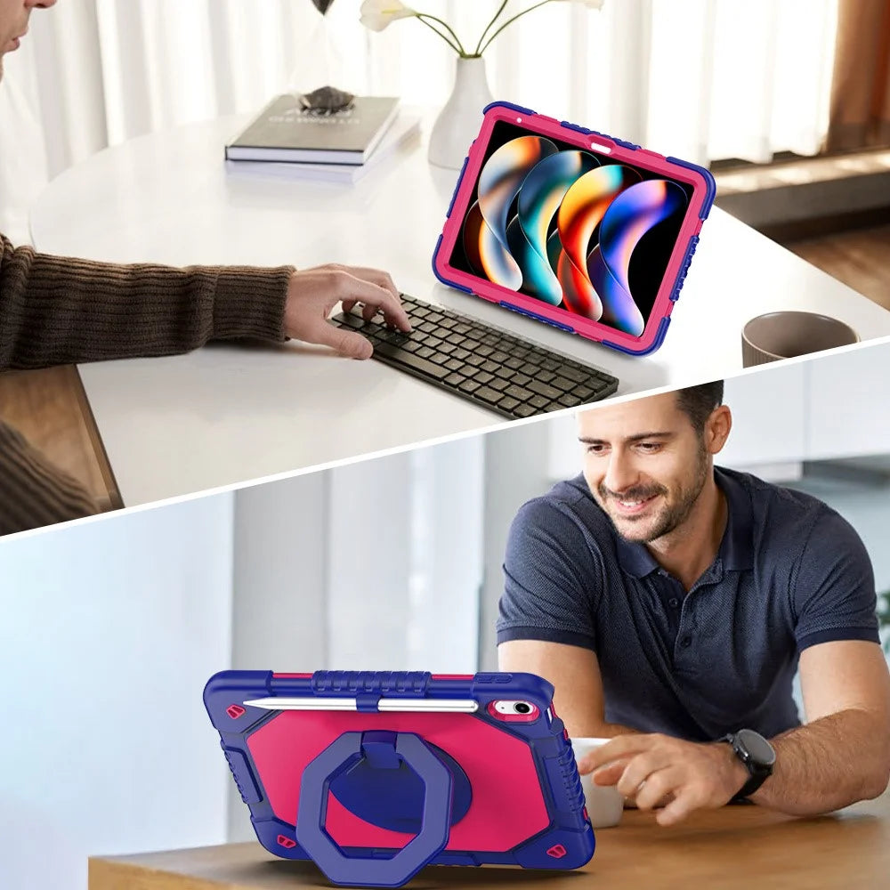 For iPad (2025)  /  10.9 (2022) Case Hand Grip Kickstand Shockproof Silicone + PC Tablet Cover with Detachable Strap  /  Pen Slot - Rose  /  Navy Blue - 5