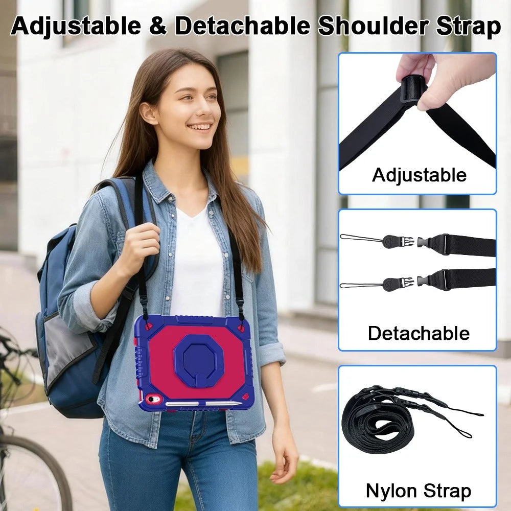 For iPad (2025)  /  10.9 (2022) Case Hand Grip Kickstand Shockproof Silicone + PC Tablet Cover with Detachable Strap  /  Pen Slot - Rose  /  Navy Blue - 6