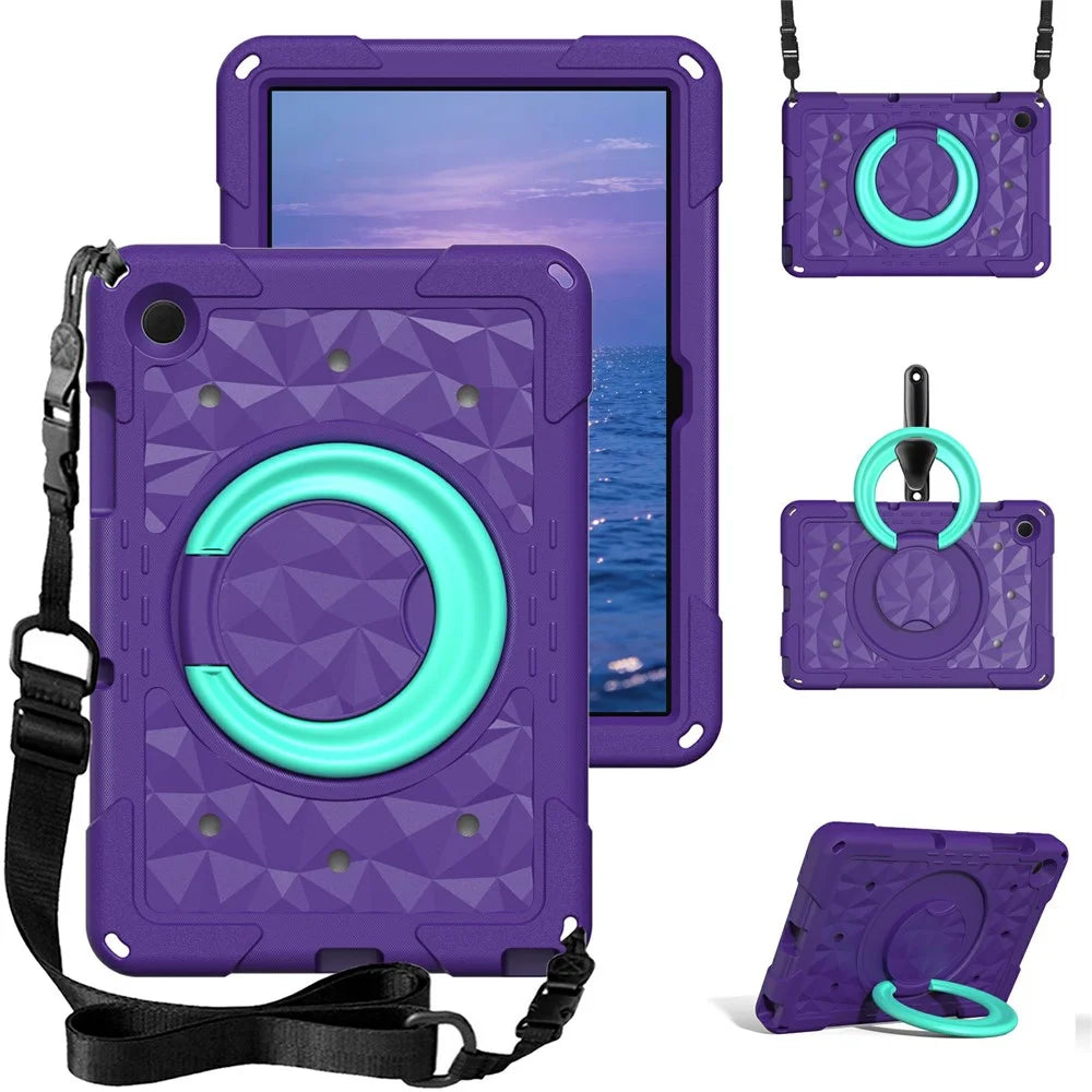 For Samsung Galaxy Tab A11  /  A9 Case Hand Grip Kickstand Geometric Pattern PC + EVA Tablet Cover with Shoulder Strap - Purple  /  Mint Green - 1