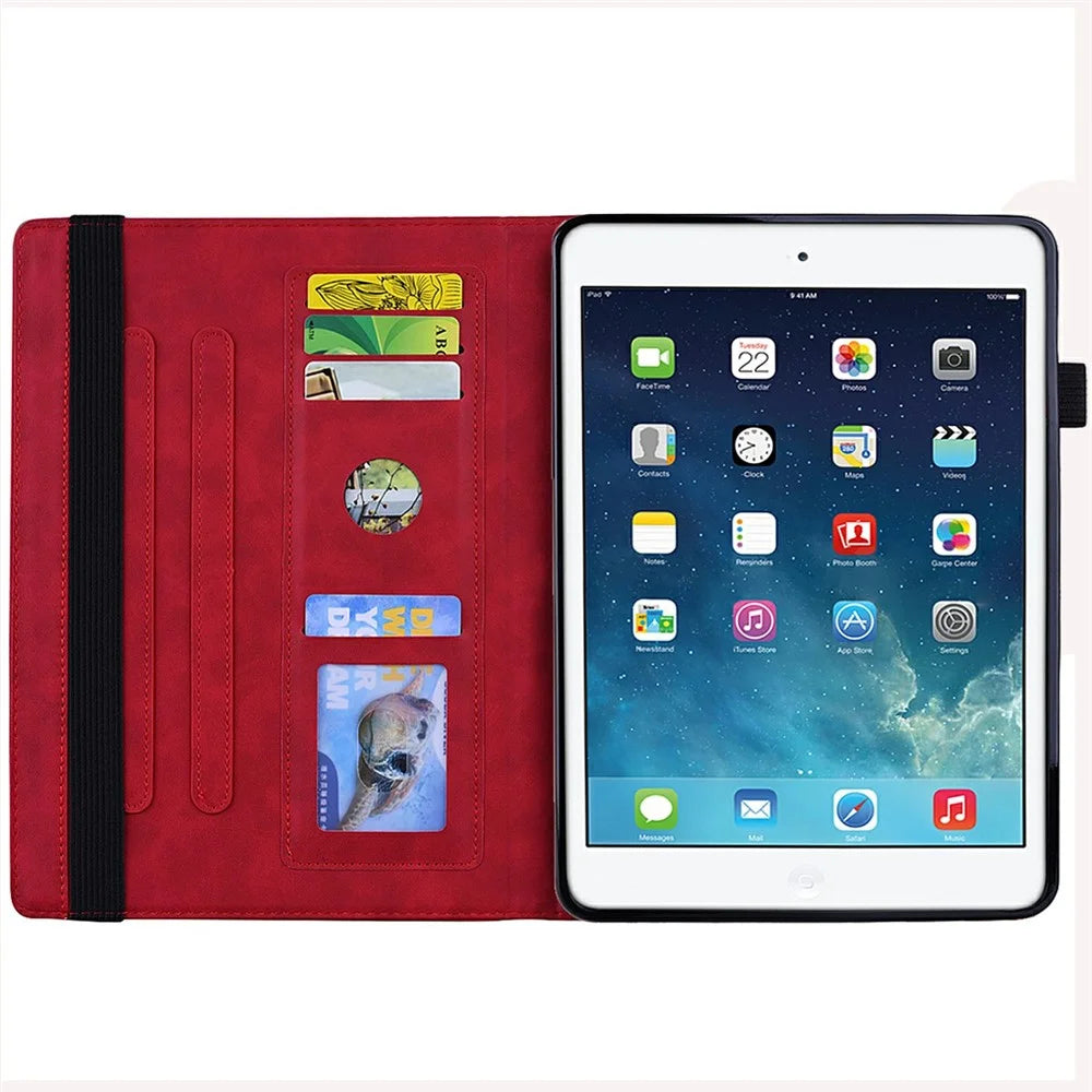 Tablet Case For iPad 10.2 (2020)  /  10.2 (2019)  /  Air 10.5 inch (2019) Imprinting Calf Leather Flower Pattern Stand Cover Shell with Pen Holder Strap - Red - 2