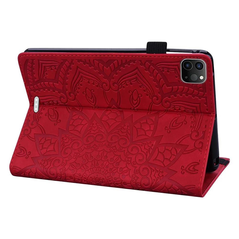 Tablet Case For iPad Air 11 (2026) / (2025) / (2024) / Air (2022) / (2020) / Pro 11 (2021) / (2020) / (2018) Imprinting Calf Leather Flower Pattern Stand Cover Shell with Pen Holder Strap - Red - 4