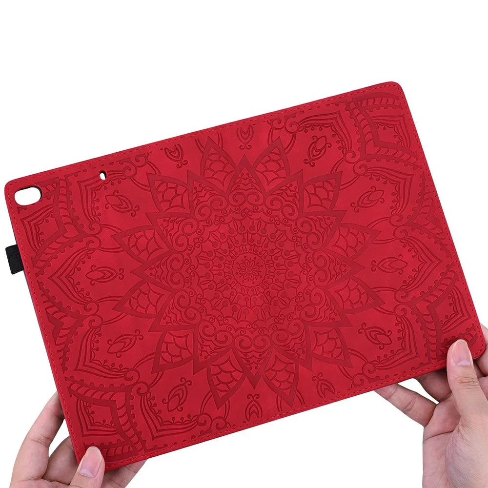 Tablet Case For iPad Air 11 (2026) / (2025) / (2024) / Air (2022) / (2020) / Pro 11 (2021) / (2020) / (2018) Imprinting Calf Leather Flower Pattern Stand Cover Shell with Pen Holder Strap - Red - 7