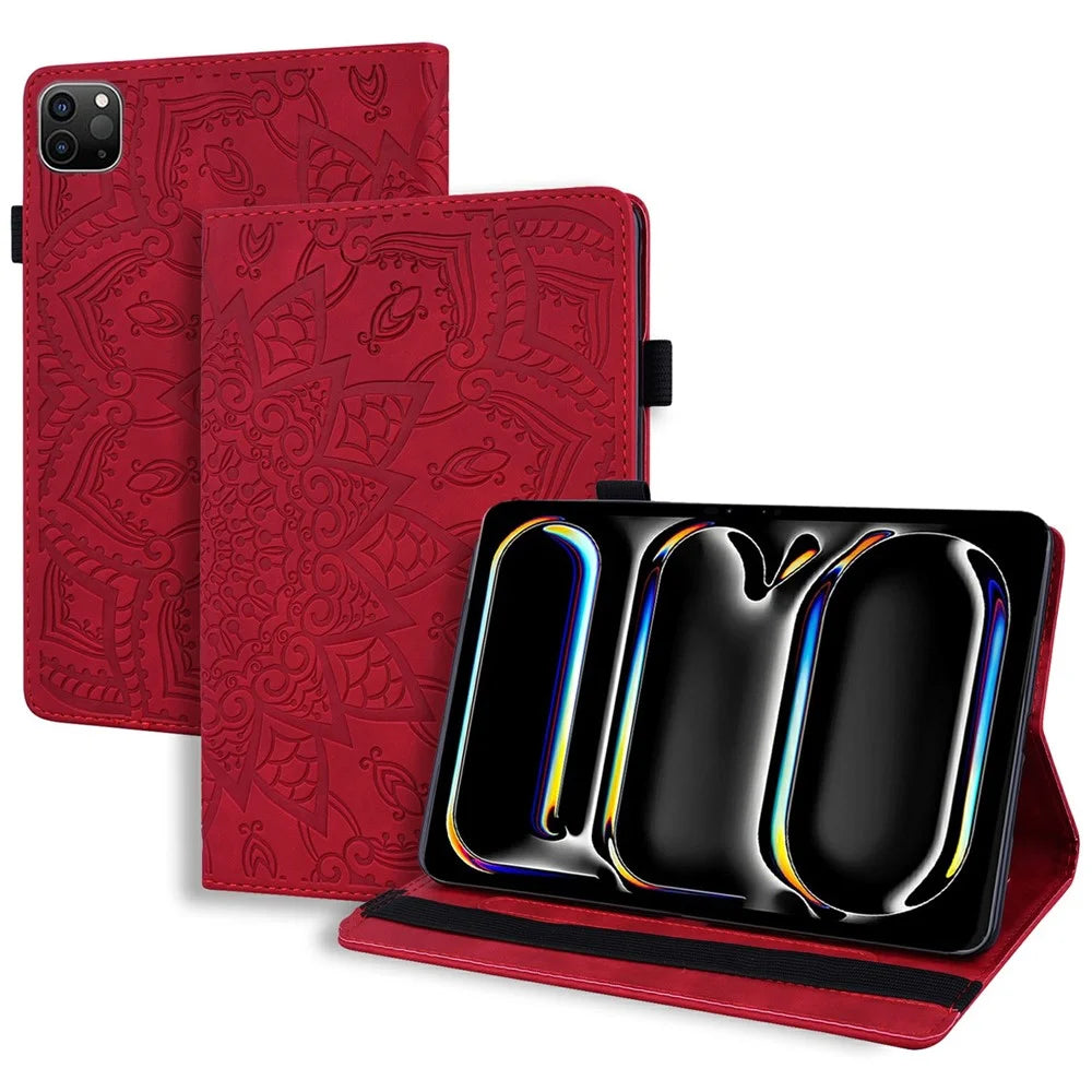 Tablet Case For iPad Pro 13 (2025)  /  (2024) Imprinting Calf Leather Flower Pattern Stand Cover Shell with Pen Holder Strap - Red - 1