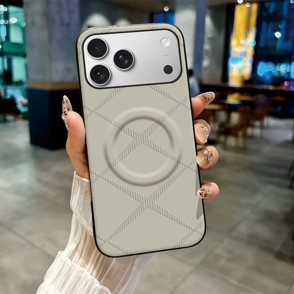 For iPhone 17 Pro Max Magnetic Case X-Patterned TPU PU Leather PC Anti-Drop Phone Cover - Grey - 2