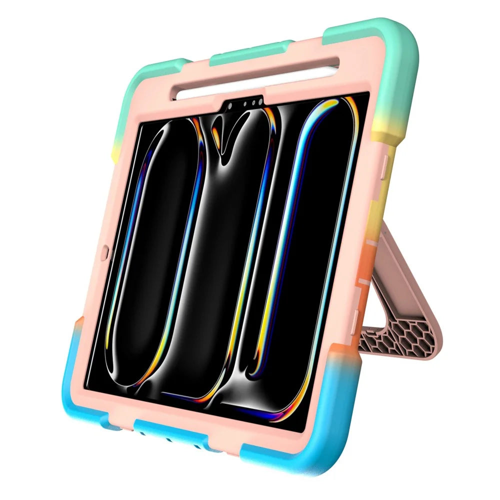 Case For iPad Pro 11 (2025)  /  (2024) Kickstand Silicone + PC Shockproof Protective Tablet Cover - Rainbow+Pink - 3