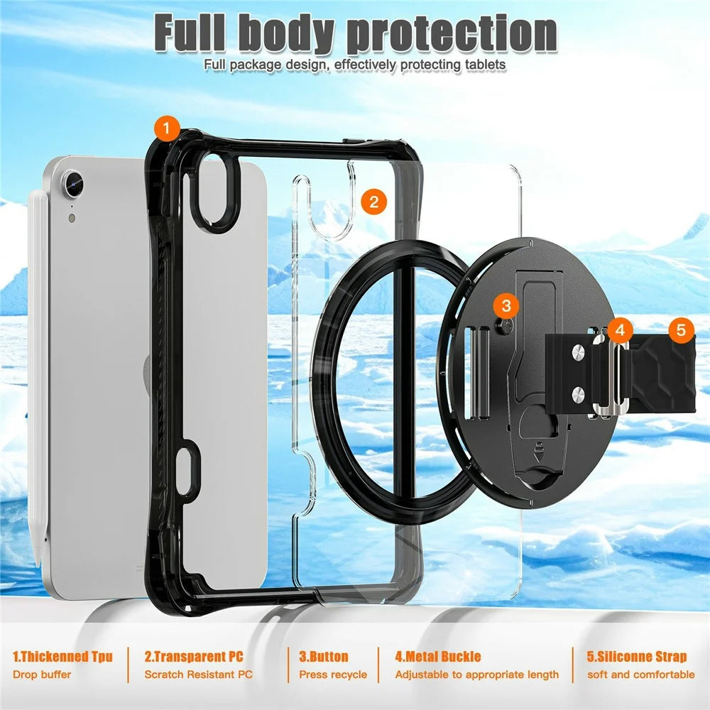 Tablet Case for iPad mini (2024)  /  (2021) Kickstand Clear PC TPU Shockproof Full Body Protective Cover with 360° Rotating Hand Strap  - Black - 4