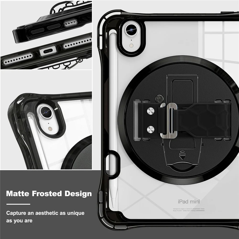 Tablet Case for iPad mini (2024)  /  (2021) Kickstand Clear PC TPU Shockproof Full Body Protective Cover with 360° Rotating Hand Strap  - Black - 5