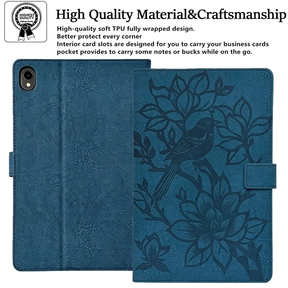 For Samsung Galaxy Tab S11 Tablet Case Embossed Magpie Pattern TPU PU Protective Cover with Card Slots - Blue - 5
