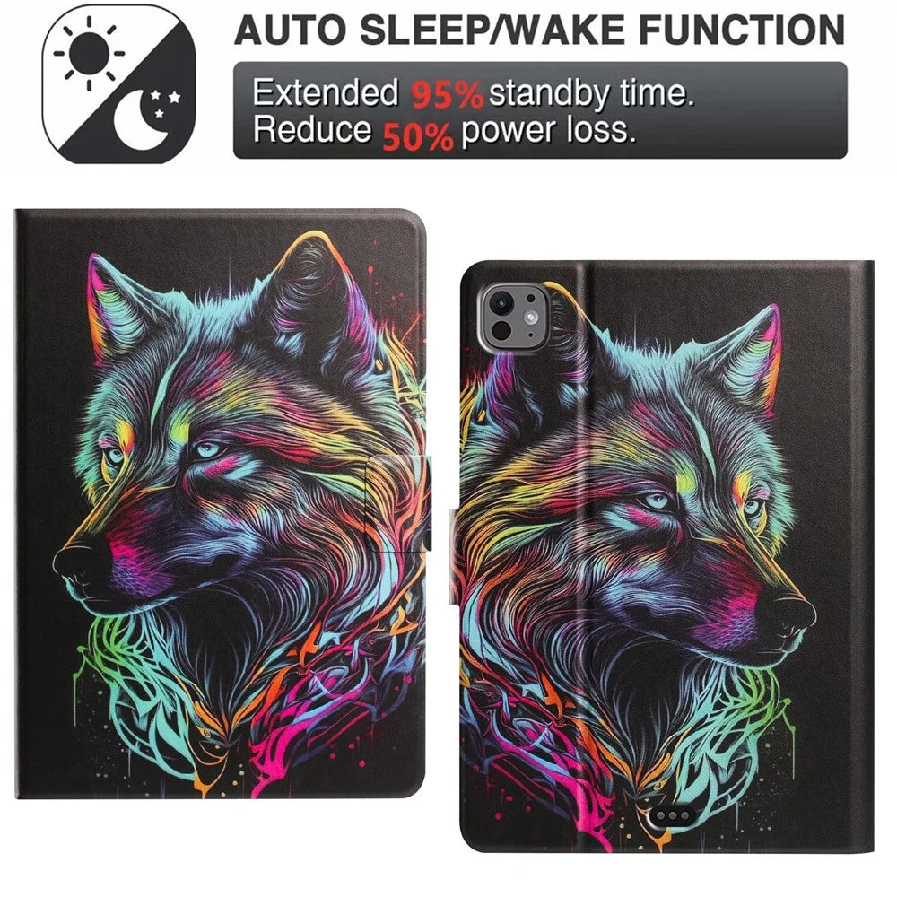 Tablet Case for iPad Pro 11 (2025)  /  (2024) Leather Stand Case with Card Slots Litchi Pattern Magnetic Flip Protective Cover - Colorful Wolf - 5