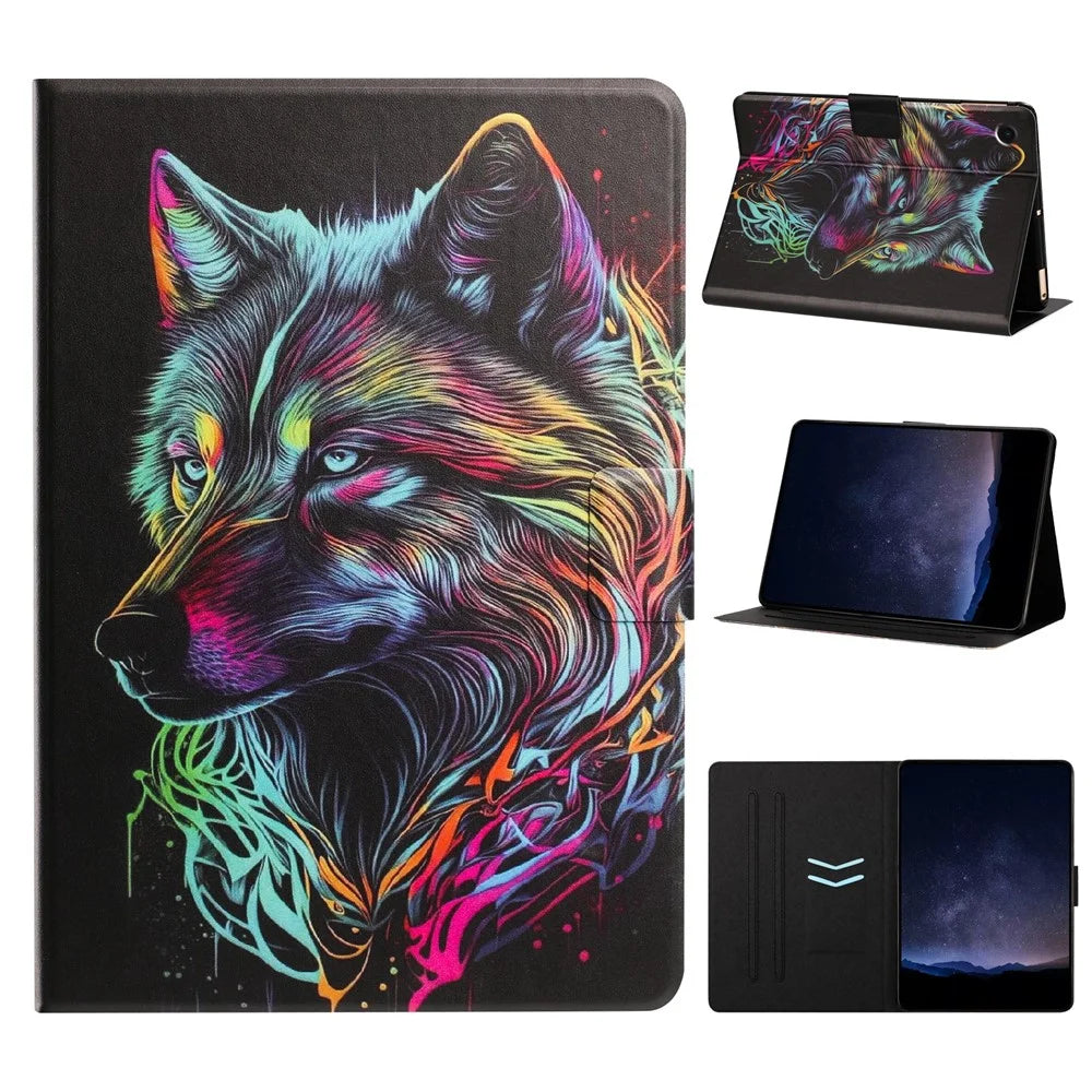 Tablet Case for Samsung Galaxy Tab A11+  /  Tab A9+ Leather Stand Case with Card Slots Litchi Pattern Magnetic Flip Protective Cover - Colorful Wolf - 1