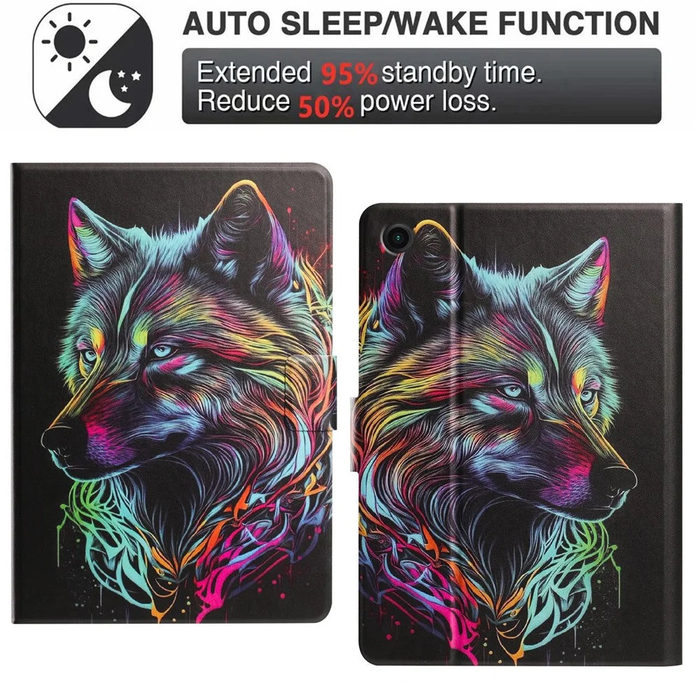 Tablet Case for Samsung Galaxy Tab A11+  /  Tab A9+ Leather Stand Case with Card Slots Litchi Pattern Magnetic Flip Protective Cover - Colorful Wolf - 5