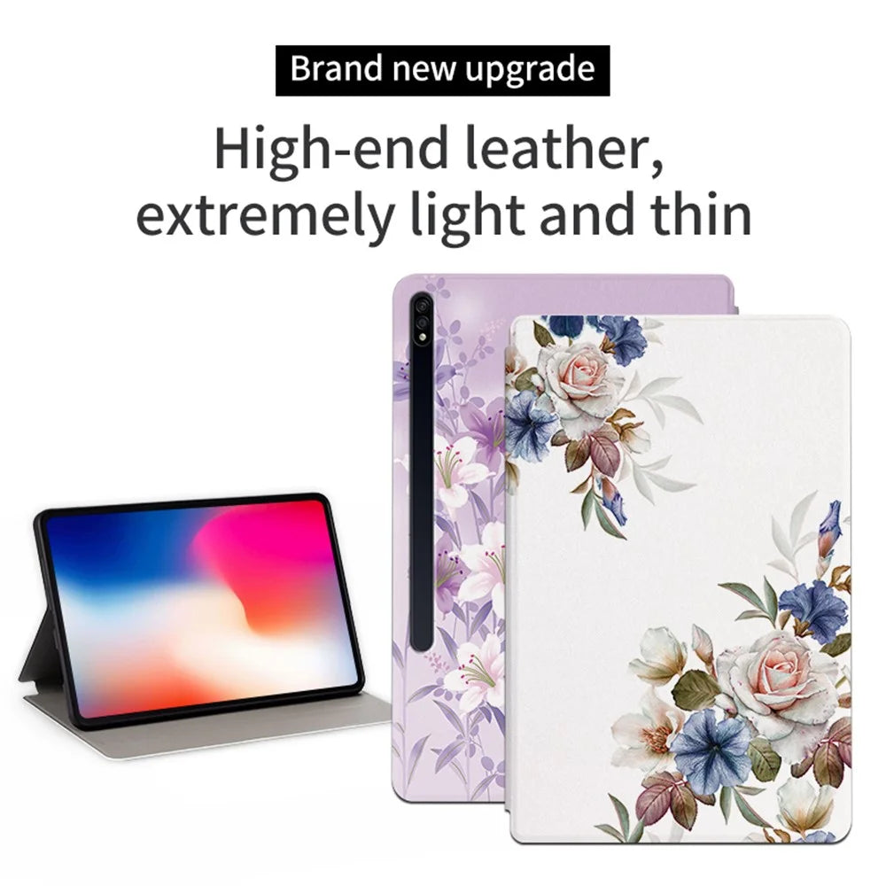 For Samsung Galaxy Tab S7 FE / S7+ SM-T970 / S8+ All-around Protection Flower Pattern Printed Tablet Case Anti-fall Leather + TPU Cover with Stand - Chinese Rose - 2