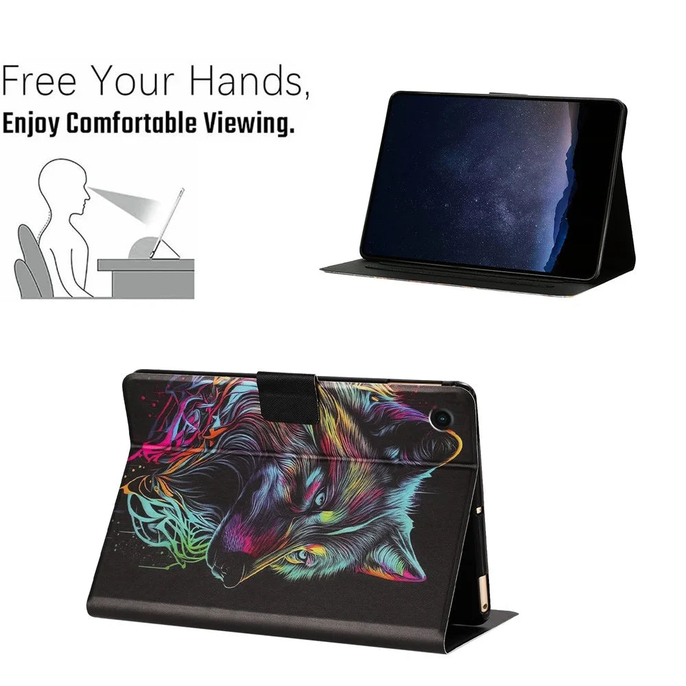 For Lenovo Tab M10 (Gen 3) Tablet Case Leather Stand Case with Card Slots Litchi Pattern Magnetic Flip Protective Cover - Colorful Wolf - 6