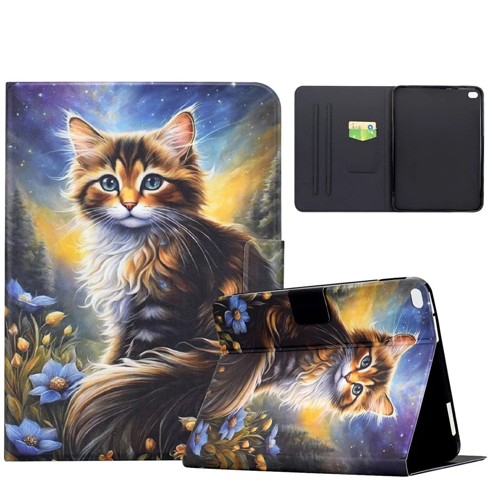 For iPad 9.7-inch (2018) / (2017) Case Pattern Printing Stand Leather Tablet Cover with Card Slots - Starry Night Cat - 1