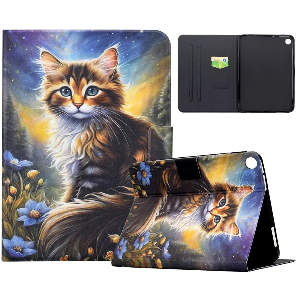 For Samsung Galaxy Tab A9 Case Pattern Printing Stand Leather Tablet Cover with Card Slots - Starry Night Cat - 1