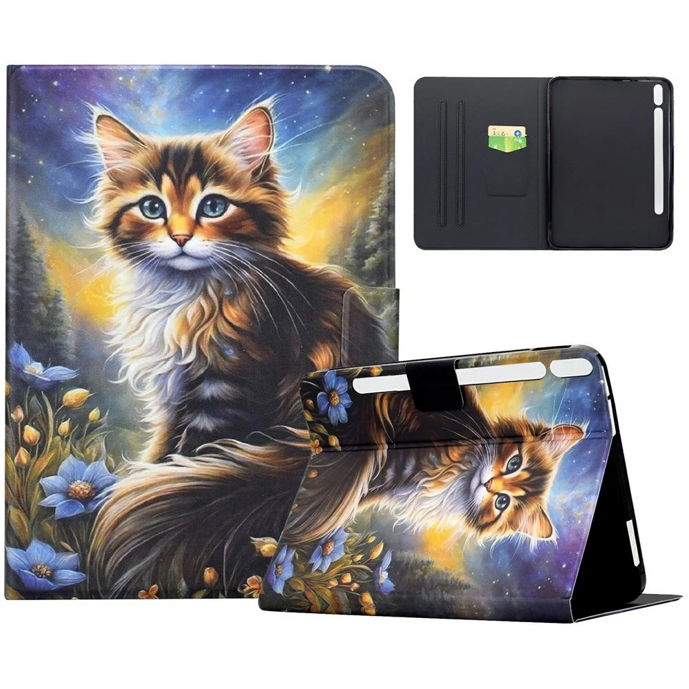 For Samsung Galaxy Tab S9 / Tab S9 FE Case Pattern Printing Stand Leather Tablet Cover with Card Slots - Starry Night Cat - 1