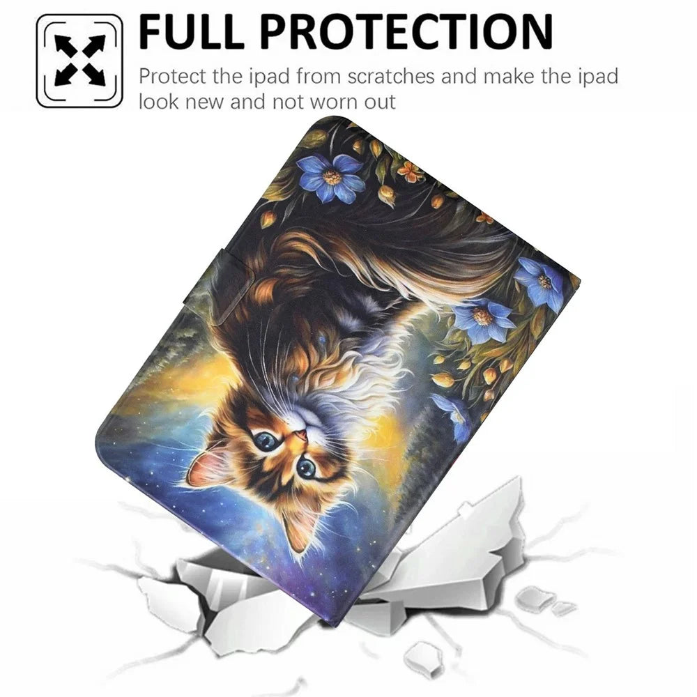 For Samsung Galaxy Tab S9 / Tab S9 FE Case Pattern Printing Stand Leather Tablet Cover with Card Slots - Starry Night Cat - 7