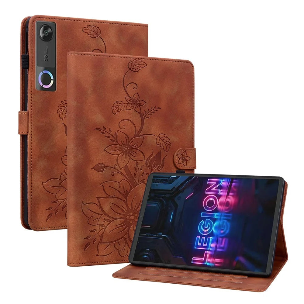 For Lenovo Tab Gen 5 / Legion Y700 (Gen 5) Case Lily Flower Imprint Card Slots Leather Tablet Cover - Brown - 1