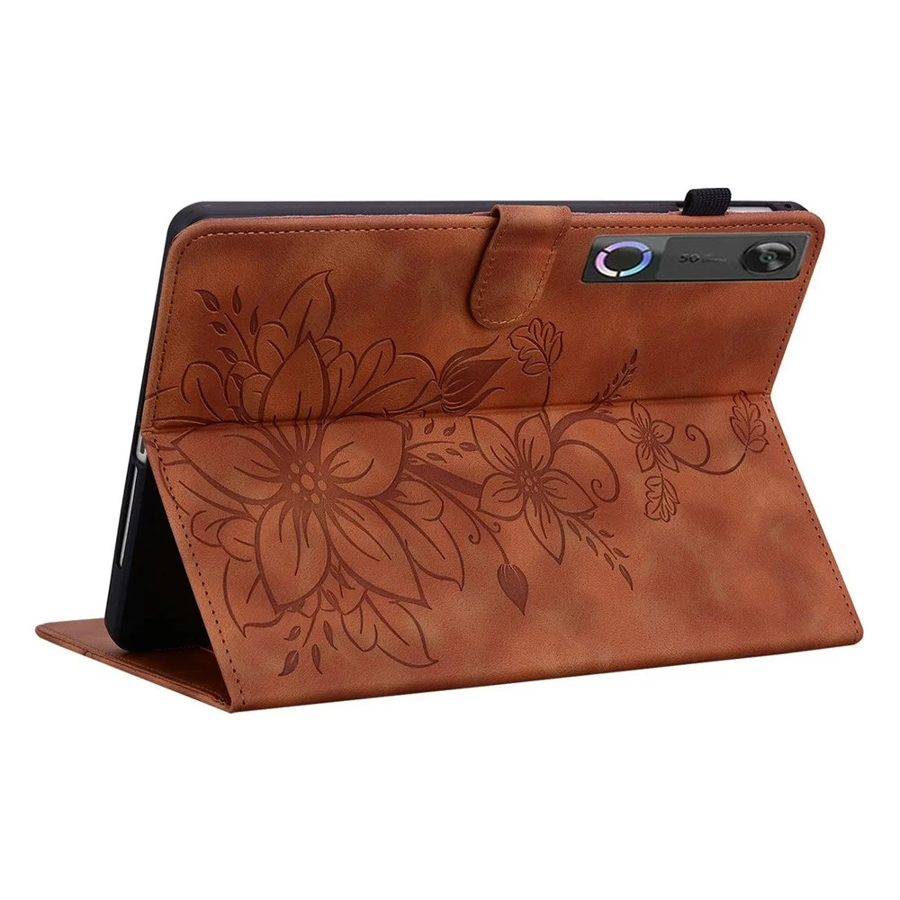 For Lenovo Tab Gen 5 / Legion Y700 (Gen 5) Case Lily Flower Imprint Card Slots Leather Tablet Cover - Brown - 4