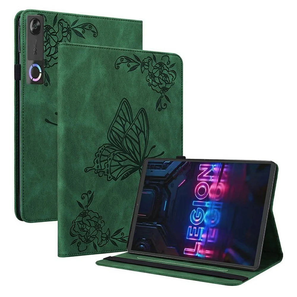 For Lenovo Tab Gen 5 / Legion Y700 (Gen 5) Case Butterfly Flower Imprint PU Leather Tablet Cover with Card Slots - Green - 1