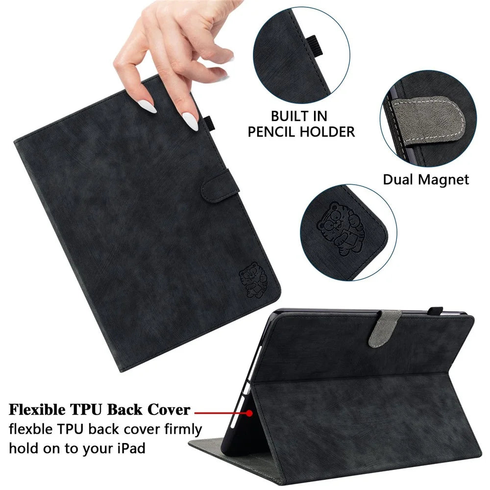 For Lenovo M10 Plus Shockproof Tablet Case with Card Slot Cute Tiger Pattern Imprinted Stand Shell TPU+PU Leather Anti-Drop Cover - Black - 6