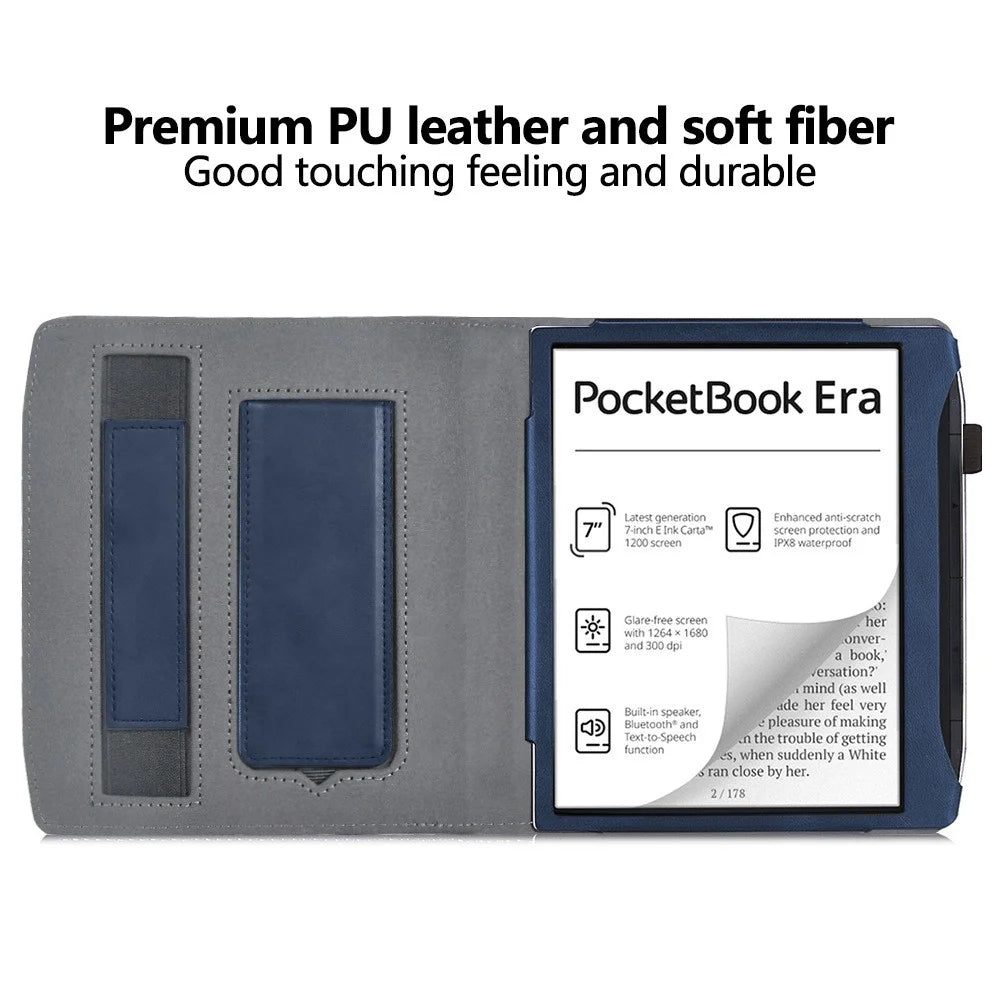 For PocketBook Era (2022) / Era Color Case Kickstand PU Leather E-Reader Cover with Hand Strap - Blue - 2