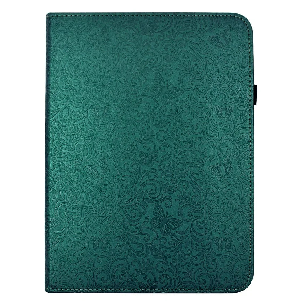 For iPad 9.7-inch (2018) / (2017) Case Butterfly Flower Imrpint Leather Tablet Cover with Rotary Stand Card Holder - Green - 2