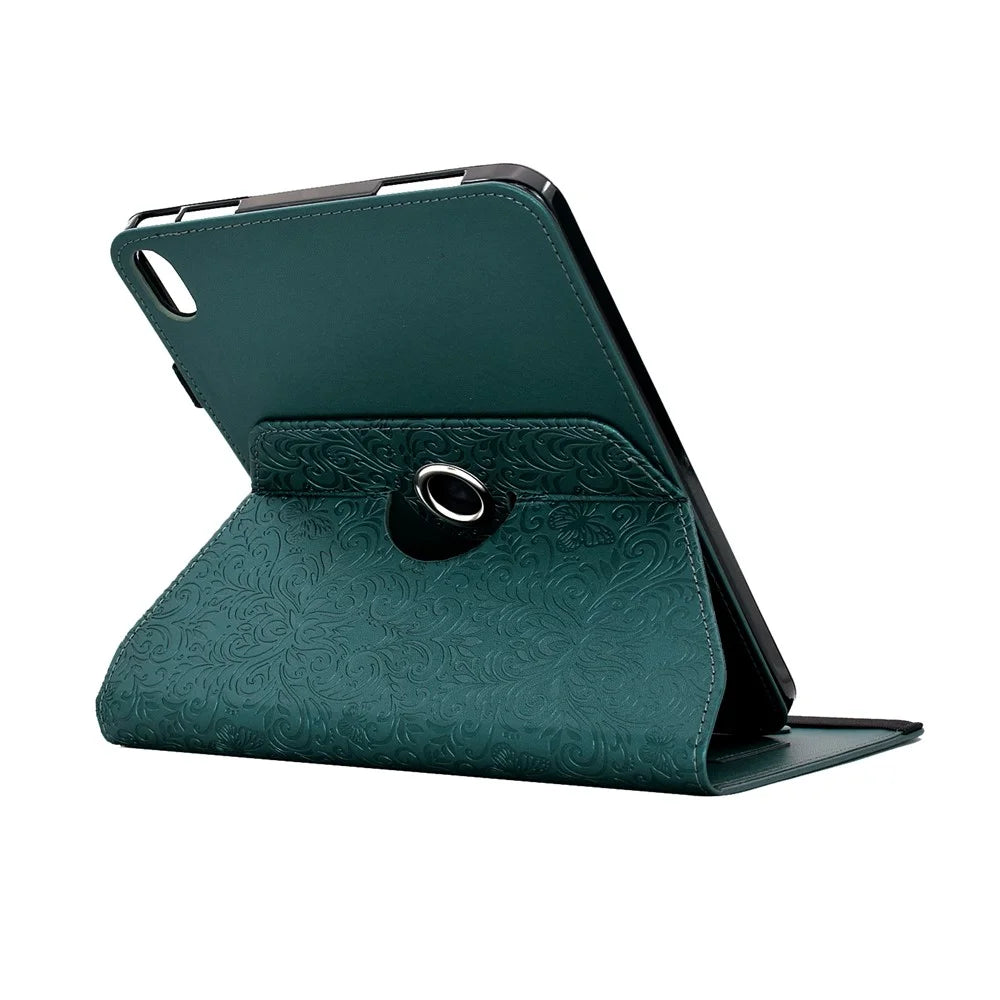 For iPad (2025) / iPad 10.9 (2022) Case Butterfly Flower Imrpint Leather Tablet Cover with Rotary Stand Card Holder - Green - 6
